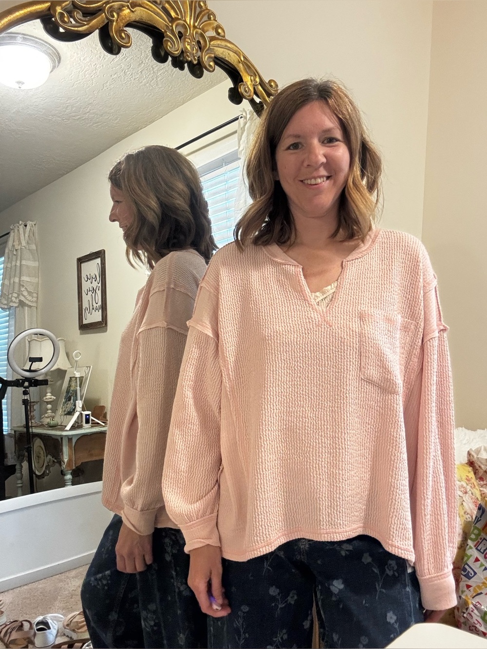 J.O.A. Light Blush Pink Waffle Knit Top